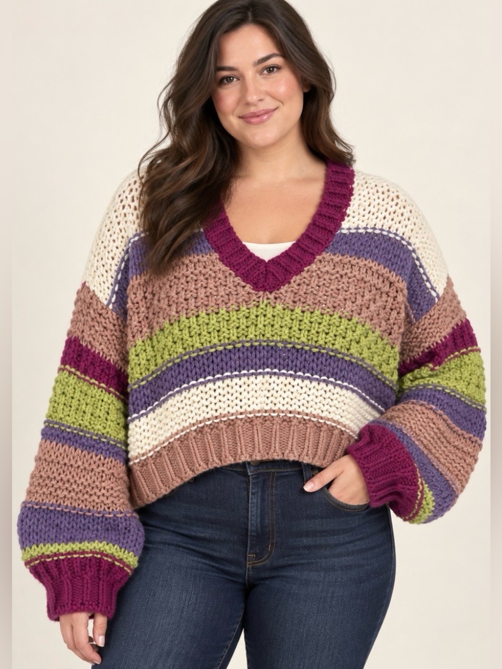 Striped V-Neck Chunky Knit Sweater in Cream, Purple & Green